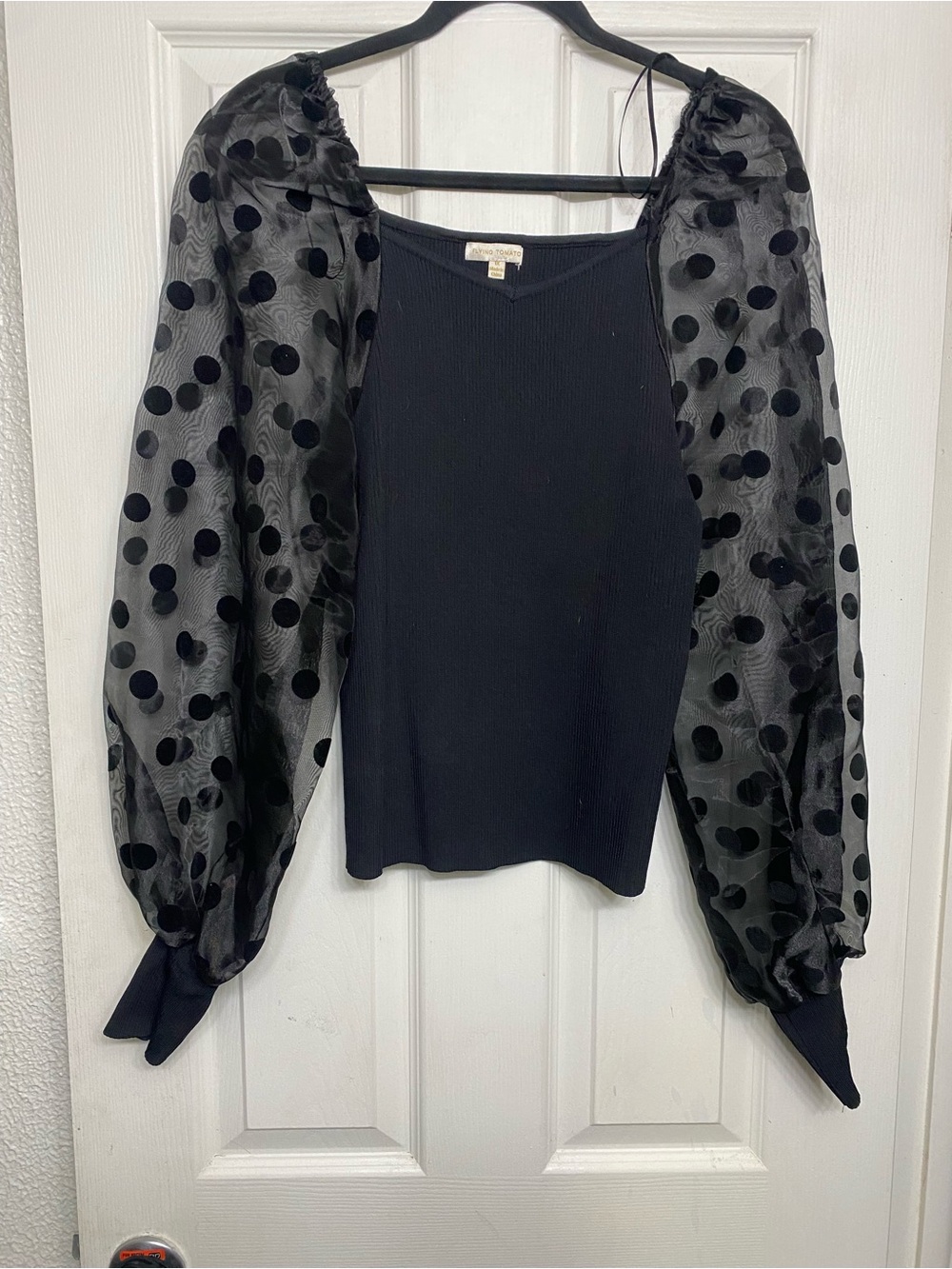 Flying Tomato Black Ribbed Tank with Sheer Polka Dot Puff Sleeves